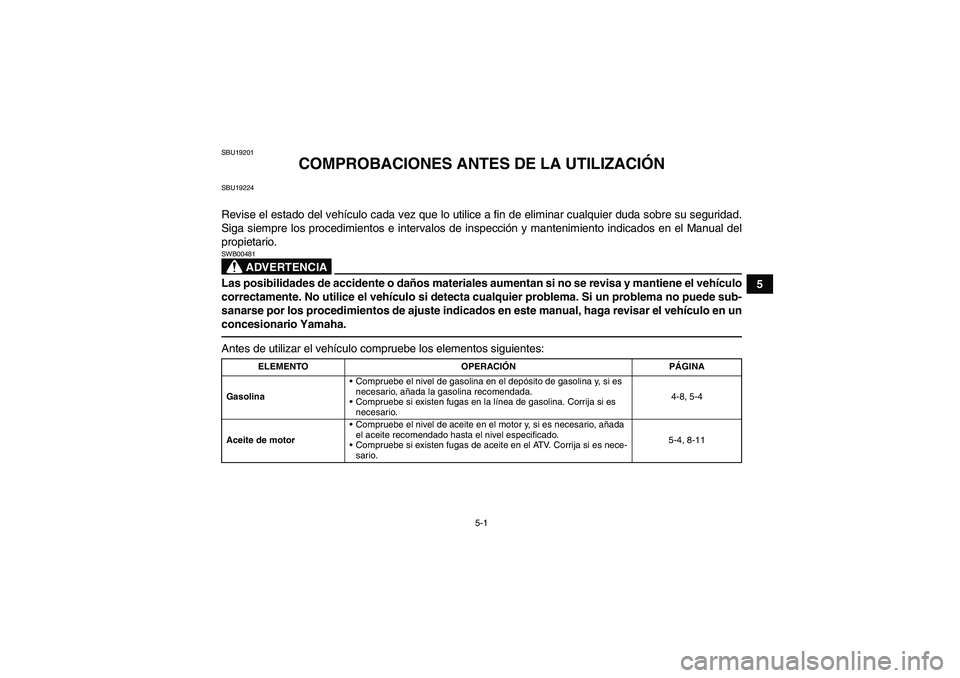 YAMAHA YFM250R 2010 Manuale de Empleo (in Spanish) 5-1
5
SBU19201
COMPROBACIONES ANTES DE LA UTILIZACIÓN
SBU19224Revise el estado del vehículo cada vez que lo utilice a fin de eliminar cualquier duda sobre su seguridad.
Siga siempre los procedimient YAMAHA YFM250R 2010 Manuale de Empleo (in Spanish) 5-1
5
SBU19201
COMPROBACIONES ANTES DE LA UTILIZACIÓN
SBU19224Revise el estado del vehículo cada vez que lo utilice a fin de eliminar cualquier duda sobre su seguridad.
Siga siempre los procedimient