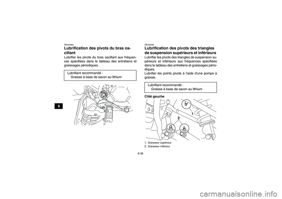 YAMAHA YFM250R 2010 Notices Demploi (in French) 8-36
8
FBU24994Lubrification des pivots du bras os-
cillant Lubrifier les pivots du bras oscillant aux fréquen-
ces spécifiées dans le tableau des entretiens et
graissages périodiques.
FBU25032Lub YAMAHA YFM250R 2010 Notices Demploi (in French) 8-36
8
FBU24994Lubrification des pivots du bras os-
cillant Lubrifier les pivots du bras oscillant aux fréquen-
ces spécifiées dans le tableau des entretiens et
graissages périodiques.
FBU25032Lub