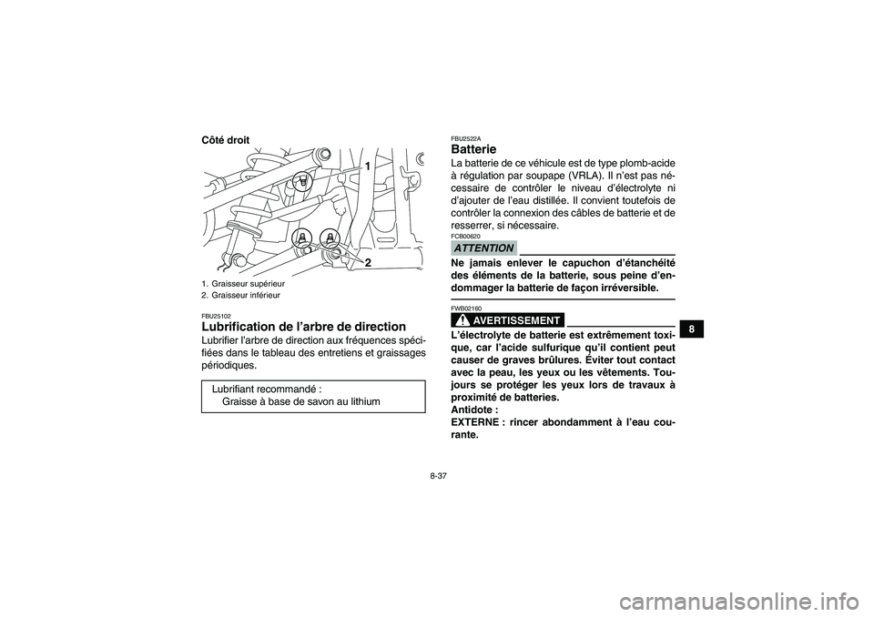 YAMAHA YFM250R 2010 Notices Demploi (in French) 8-37
8 Côté droit
FBU25102Lubrification de l’arbre de direction Lubrifier l’arbre de direction aux fréquences spéci-
fiées dans le tableau des entretiens et graissages
périodiques.
FBU2522AB YAMAHA YFM250R 2010 Notices Demploi (in French) 8-37
8 Côté droit
FBU25102Lubrification de l’arbre de direction Lubrifier l’arbre de direction aux fréquences spéci-
fiées dans le tableau des entretiens et graissages
périodiques.
FBU2522AB