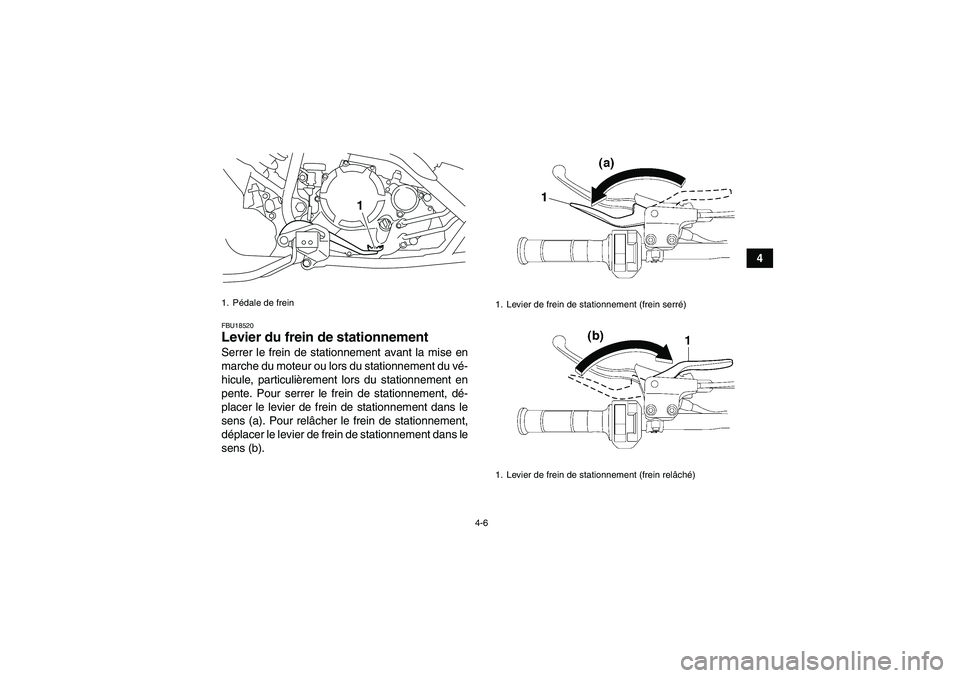 YAMAHA YFM250R 2010  Notices Demploi (in French) 4-6
4
FBU18520Levier du frein de stationnement Serrer le frein de stationnement avant la mise en
marche du moteur ou lors du stationnement du vé-
hicule, particulièrement lors du stationnement en
pe