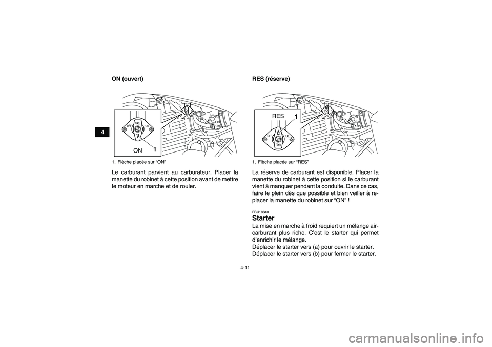 YAMAHA YFM250R 2010  Notices Demploi (in French) 4-11
4ON (ouvert)
Le carburant parvient au carburateur. Placer la
manette du robinet à cette position avant de mettre
le moteur en marche et de rouler.RES (réserve)
La réserve de carburant est disp