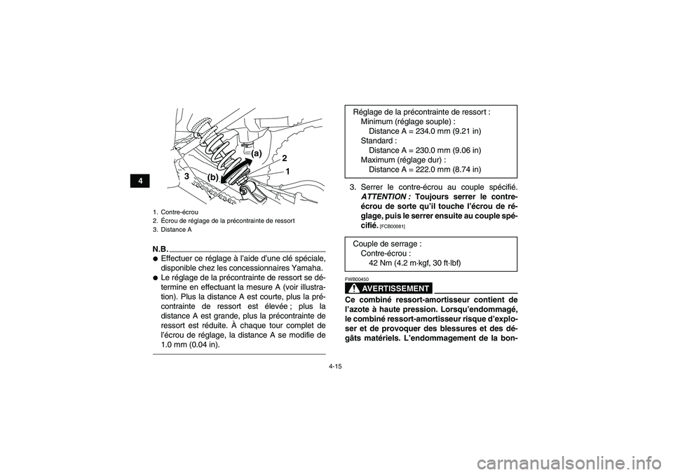 YAMAHA YFM250R 2010  Notices Demploi (in French) 4-15
4
N.B.Effectuer ce réglage à l’aide d’une clé spéciale,
disponible chez les concessionnaires Yamaha.Le réglage de la précontrainte de ressort se dé-
termine en effectuant la mesure A