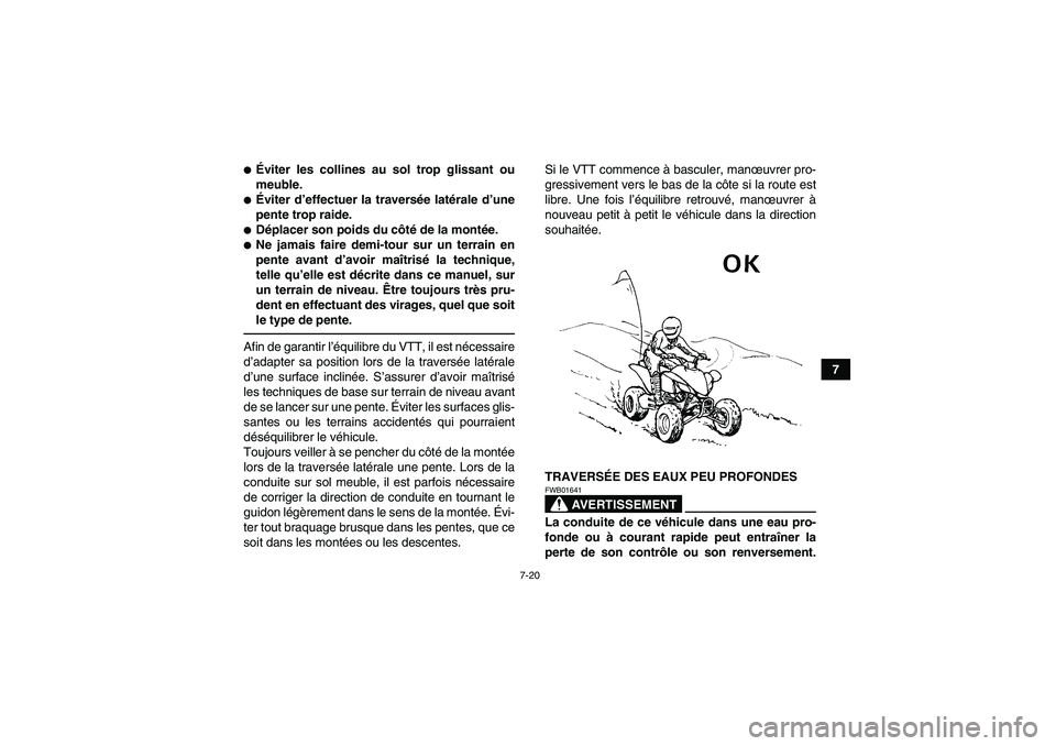 YAMAHA YFM250R 2010  Notices Demploi (in French) 7-20
7
Éviter les collines au sol trop glissant ou
meuble.Éviter d’effectuer la traversée latérale d’une
pente trop raide.Déplacer son poids du côté de la montée.Ne jamais faire demi-t