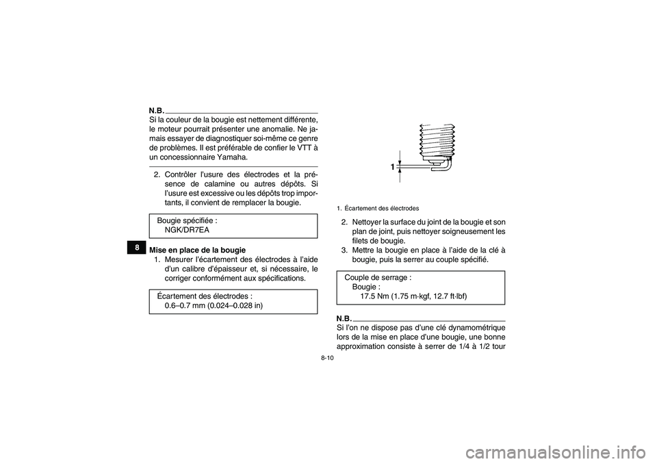 YAMAHA YFM250R 2010  Notices Demploi (in French) 8-10
8
N.B.Si la couleur de la bougie est nettement différente,
le moteur pourrait présenter une anomalie. Ne ja-
mais essayer de diagnostiquer soi-même ce genre
de problèmes. Il est préférable 