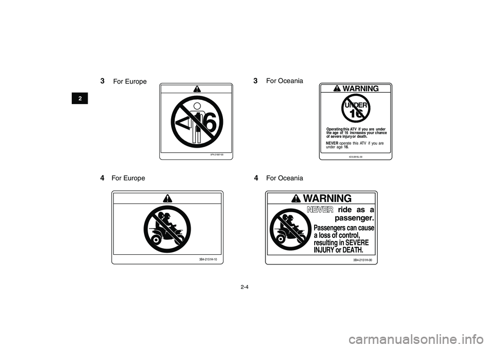 YAMAHA YFM250R 2009 User Guide  
2-4 
12
3
4
5
6
7
8
9
10
11
<
16
5FK-21697-00
WARNINGUNDER16
Operating this  ATV  if  you  are  under
the age  of  16  increases your chance
of severe injury or  death.NEVER operate  this  ATV  if  