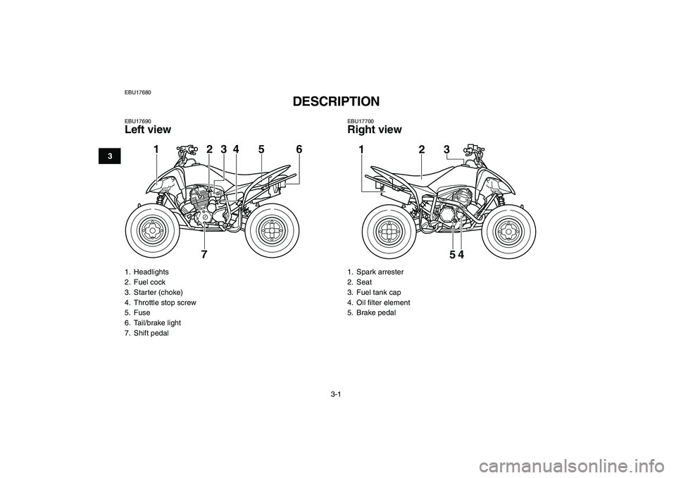 YAMAHA YFM250R 2009 User Guide  
3-1 
1
23
4
5
6
7
8
9
10
11
 
EBU17680 
DESCRIPTION  
EBU17690 
Left view 
EBU17700 
Right view 
1. Headlights
2. Fuel cock
3. Starter (choke)
4.  Throttle stop screw
5. Fuse
6. Tail/brake light
7. 