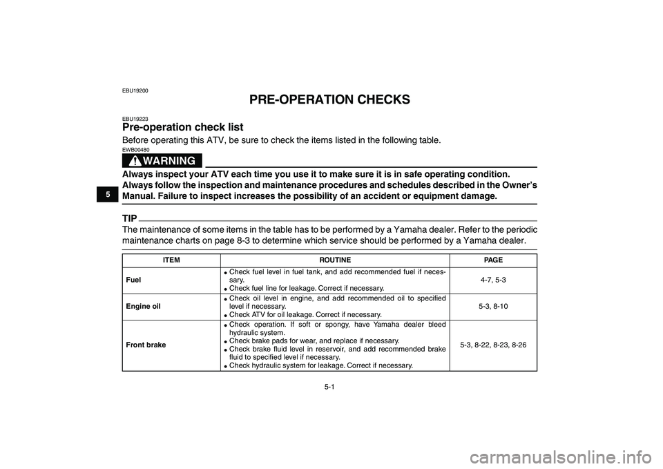 YAMAHA YFM250R 2009 Owners Guide  
5-1 
1
2
3
45
6
7
8
9
10
11
 
EBU19200 
PRE-OPERATION CHECKS 
EBU19223 
Pre-operation check list  
Before operating this ATV, be sure to check the items listed in the following table.
WARNING
 
EWB0