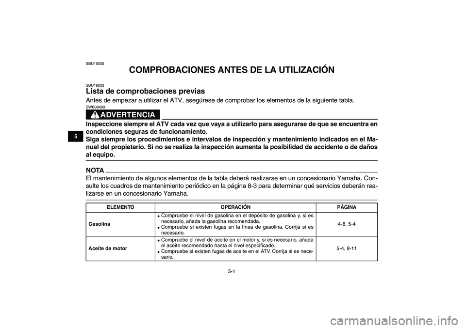 YAMAHA YFM250R 2009  Manuale de Empleo (in Spanish)  
5-1 
1
2
3
45
6
7
8
9
10
11
 
SBU19200 
COMPROBACIONES ANTES DE LA UTILIZACIÓN 
SBU19223 
Lista de comprobaciones previas  
Antes de empezar a utilizar el ATV, asegúrese de comprobar los elementos