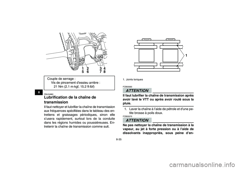 YAMAHA YFM250R 2009  Notices Demploi (in French)  
8-35 
1
2
3
4
5
6
78
9
10
11
 
FBU24880 
Lubrification de la chaîne de 
transmission  
Il faut nettoyer et lubrifier la chaîne de transmission
aux fréquences spécifiées dans le tableau des en-
