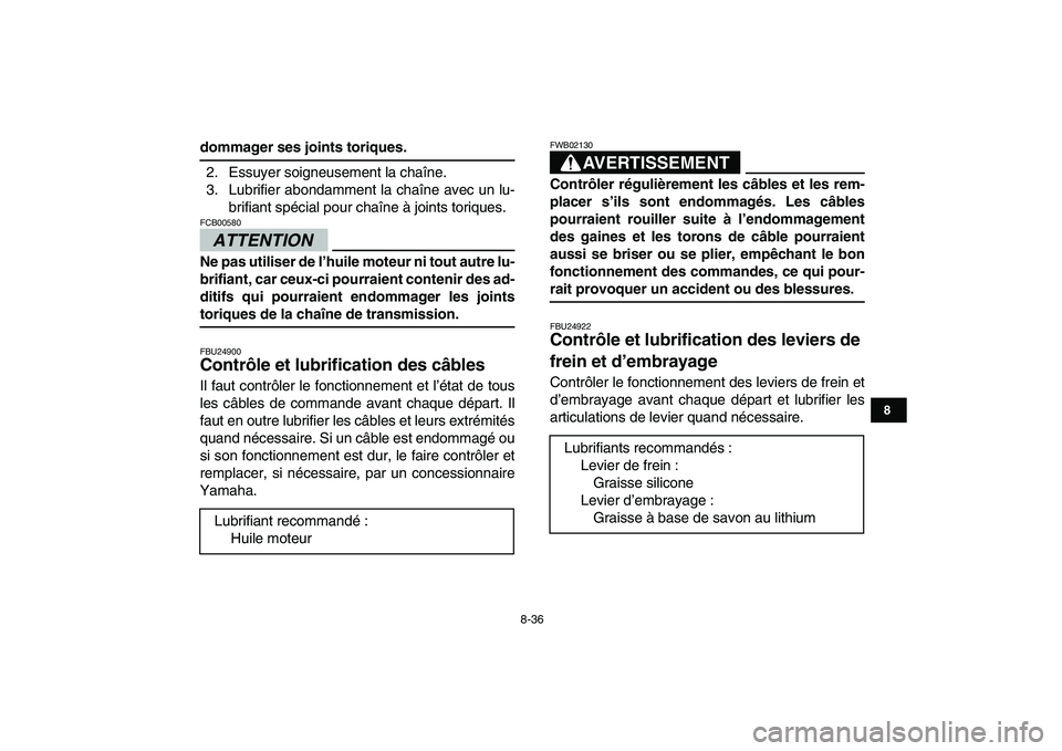 YAMAHA YFM250R 2009  Notices Demploi (in French)  
8-36 
1
2
3
4
5
6
78
9
10
11
 
dommager ses joints toriques. 
2. Essuyer soigneusement la chaîne.
3. Lubrifier abondamment la chaîne avec un lu-
brifiant spécial pour chaîne à joints toriques.
