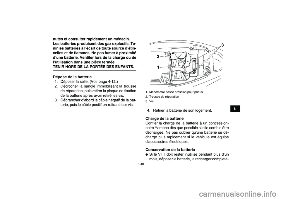 YAMAHA YFM250R 2009  Notices Demploi (in French)  
8-40 
1
2
3
4
5
6
78
9
10
11
 
nutes et consulter rapidement un médecin.
Les batteries produisent des gaz explosifs. Te-
nir les batteries à l’écart de toute source d’étin-
celles et de flam