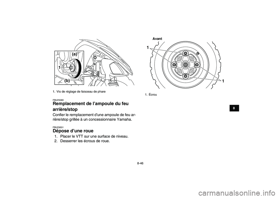 YAMAHA YFM250R 2009  Notices Demploi (in French)  
8-46 
1
2
3
4
5
6
78
9
10
11
 
FBU25580 
Remplacement de l’ampoule du feu 
arrière/stop  
Confier le remplacement d’une ampoule de feu ar-
rière/stop grillée à un concessionnaire Yamaha. 
FB