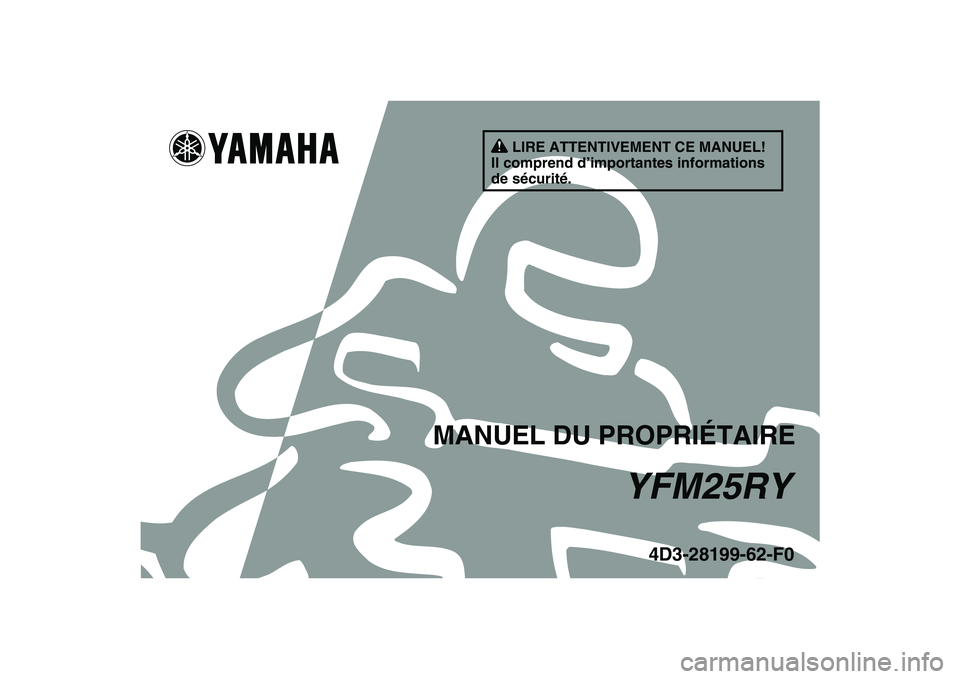 YAMAHA YFM250R 2009  Notices Demploi (in French)   
This A
4D3-28199-62-F0
YFM25RY
MANUEL DU PROPRIÉTAIRE
LIRE ATTENTIVEMENT CE MANUEL!
Il comprend d’importantes informations 
de sécurité. 