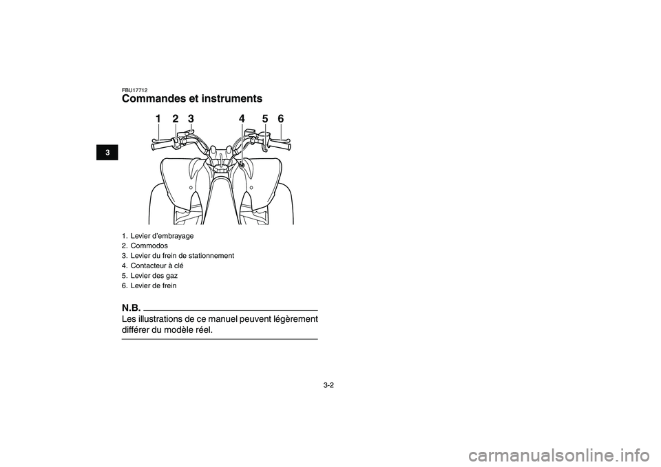 YAMAHA YFM250R 2009  Notices Demploi (in French)  
3-2 
1
23
4
5
6
7
8
9
10
11
 
FBU17712 
Commandes et instruments
N.B.
 
Les illustrations de ce manuel peuvent légèrement 
différer du modèle réel. 
1. Levier d’embrayage
2. Commodos
3.  Levi