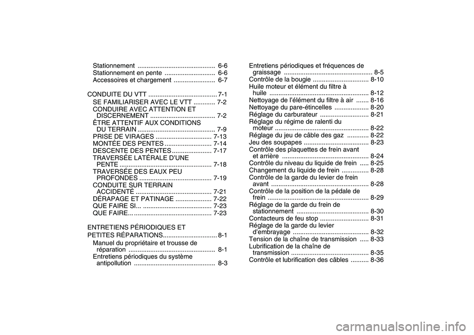 YAMAHA YFM250R 2009  Notices Demploi (in French)  
Stationnement ...........................................  6-6
Stationnement en pente  ............................  6-6
Accessoires et chargement  .......................  6-7
CONDUITE DU VTT .....