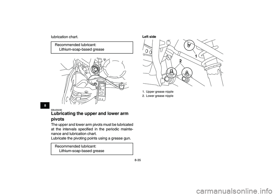 YAMAHA YFM250R 2008 Owners Manual
8-35
1
2
3
4
5
6
78
9
10
11
lubrication chart.
EBU25030
Lubricating the upper and lower arm
pivots
The upper and lower arm pivots must be lubricated
at the intervals specified in the periodi YAMAHA YFM250R 2008 Owners Manual
8-35
1
2
3
4
5
6
78
9
10
11
lubrication chart.
EBU25030
Lubricating the upper and lower arm
pivots
The upper and lower arm pivots must be lubricated
at the intervals specified in the periodi