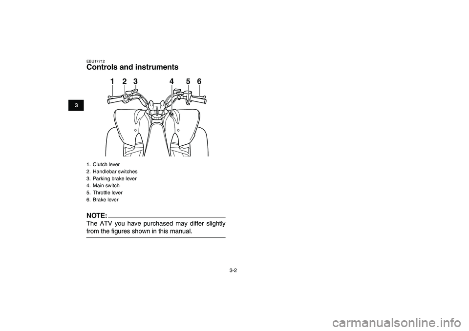 YAMAHA YFM250R 2008 User Guide  
3-2 
1
23
4
5
6
7
8
9
10
11
 
EBU17712 
Controls and instruments
NOTE:
 
The ATV you have purchased may differ slightly 
from the figures shown in this manual. 
1. Clutch lever
2. Handlebar switches