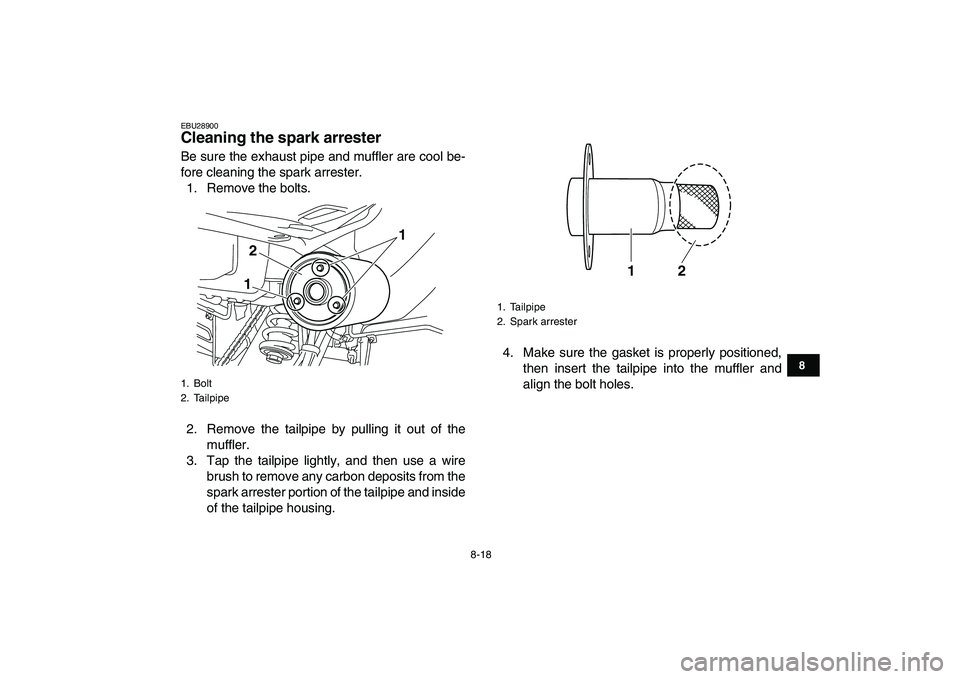 YAMAHA YFM250R 2008 Manual Online  
8-18 
1
2
3
4
5
6
78
9
10
11
 
EBU28900 
Cleaning the spark arrester  
Be sure the exhaust pipe and muffler are cool be-
fore cleaning the spark arrester.
1. Remove the bolts.
2. Remove the tailpipe