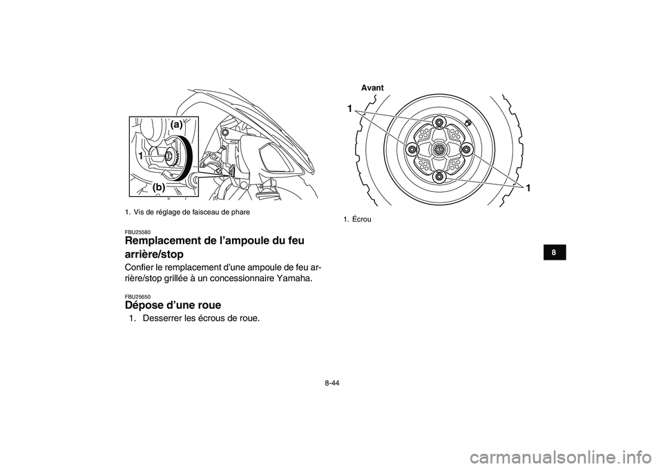YAMAHA YFM250R 2008  Notices Demploi (in French)  
8-44 
1
2
3
4
5
6
78
9
10
11
 
FBU25580 
Remplacement de l’ampoule du feu 
arrière/stop  
Confier le remplacement d’une ampoule de feu ar-
rière/stop grillée à un concessionnaire Yamaha. 
FB