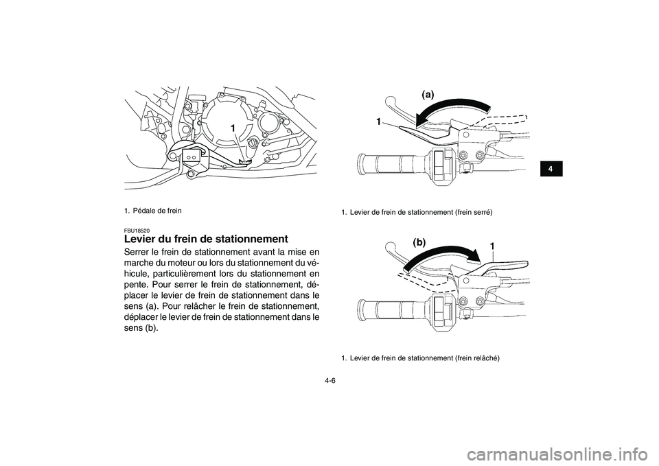 YAMAHA YFM250R 2008  Notices Demploi (in French)  
4-6 
1
2
34
5
6
7
8
9
10
11
 
FBU18520 
Levier du frein de stationnement  
Serrer le frein de stationnement avant la mise en
marche du moteur ou lors du stationnement du vé-
hicule, particulièreme