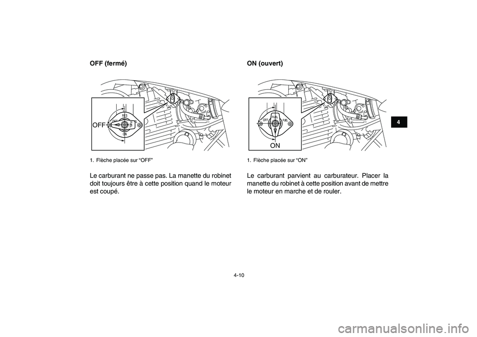 YAMAHA YFM250R 2008  Notices Demploi (in French)  
4-10 
1
2
34
5
6
7
8
9
10
11
 
OFF (fermé) 
Le carburant ne passe pas. La manette du robinet
doit toujours être à cette position quand le moteur
est coupé. 
ON (ouvert) 
Le carburant parvient au