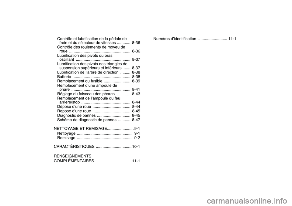 YAMAHA YFM250R 2008  Notices Demploi (in French)  
Contrôle et lubrification de la pédale de 
frein et du sélecteur de vitesses ............  8-36
Contrôle des roulements de moyeu de 
roue ....................................................... 