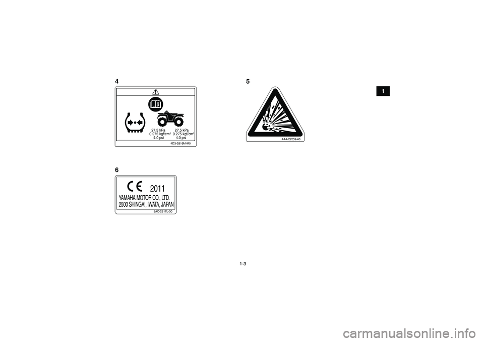 YAMAHA YFM250R-W 2012 User Guide 1-3
1
  27.5 kPa
0.275 kgf/cm²
    4.0 psi  27.5 kPa
0.275 kgf/cm²
   4.0 psi
4D3-2816M-M0
4AA-22259-40
8AC-2817L-00
YAMAHA MOTOR CO., LTD.
2500 SHINGAI, IWATA, JAPAN
2011
45
6
U33B71E0.book  Page 3