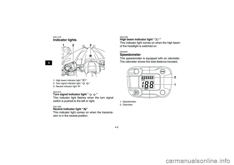 YAMAHA YFM250R-W 2012 Owners Manual 4-2
4
EBU17793Indicator lights EBU27970Turn signal indicator light“” 
This indicator light flashes when the turn signal
switch is pushed to the left or right.EBU17860Neutral indicator light“” 