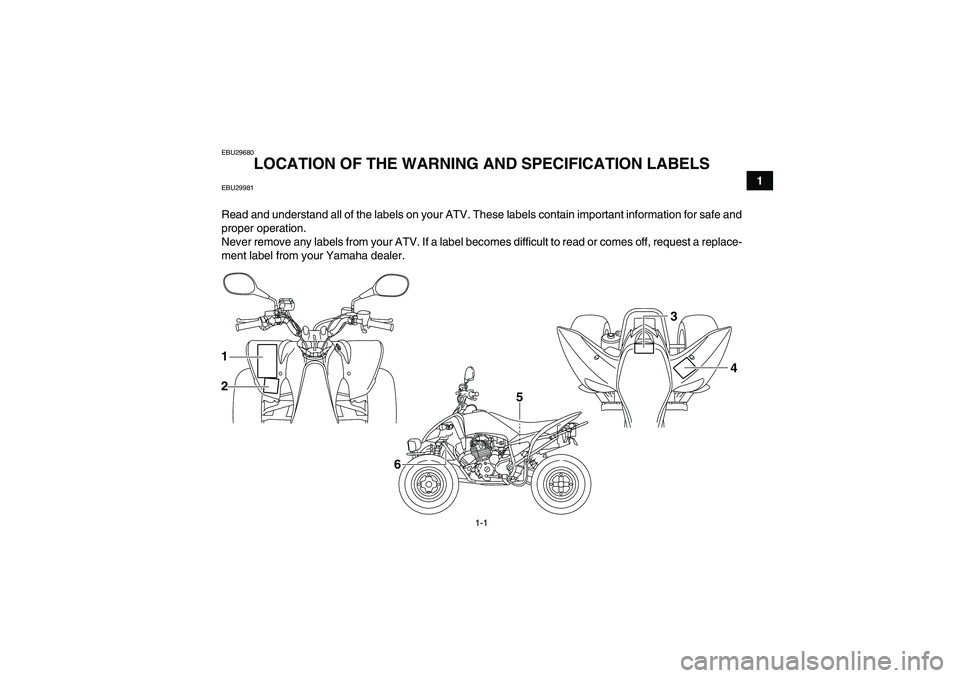 YAMAHA YFM250R-W 2012  Owners Manual 1-1
1
EBU29680
LOCATION OF THE WARNING AND SPECIFICATION LABELS 
EBU29981Read and understand all of the labels on your ATV. These labels contain important information for safe and
proper operation.
Ne