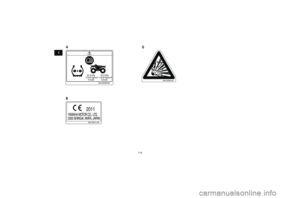 YAMAHA YFM250R-W 2012  Notices Demploi (in French) 1-4
1
  27.5 kPa
0.275 kgf/cm²
    4.0 psi  27.5 kPa
0.275 kgf/cm²
   4.0 psi
4D3-2816M-M0
4AA-22259-40
8AC-2817L-00
YAMAHA MOTOR CO., LTD.
2500 SHINGAI, IWATA, JAPAN
2011
45
6
U33B71F0.book  Page 4