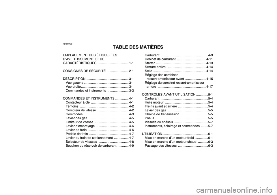 YAMAHA YFM250R-W 2012  Notices Demploi (in French) FBU17420
TABLE DES MATIÈRES
EMPLACEMENT DES ÉTIQUETTES 
D’AVERTISSEMENT ET DE 
CARACTÉRISTIQUES .................................. 1-1
CONSIGNES DE SÉCURITÉ ........................ 2-1
DESCRIP