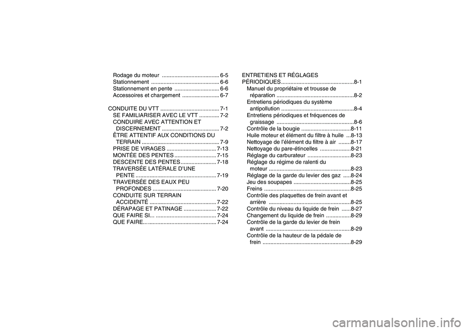 YAMAHA YFM250R-W 2012  Notices Demploi (in French) Rodage du moteur  ..................................... 6-5
Stationnement ............................................ 6-6
Stationnement en pente  ............................. 6-6
Accessoires et char