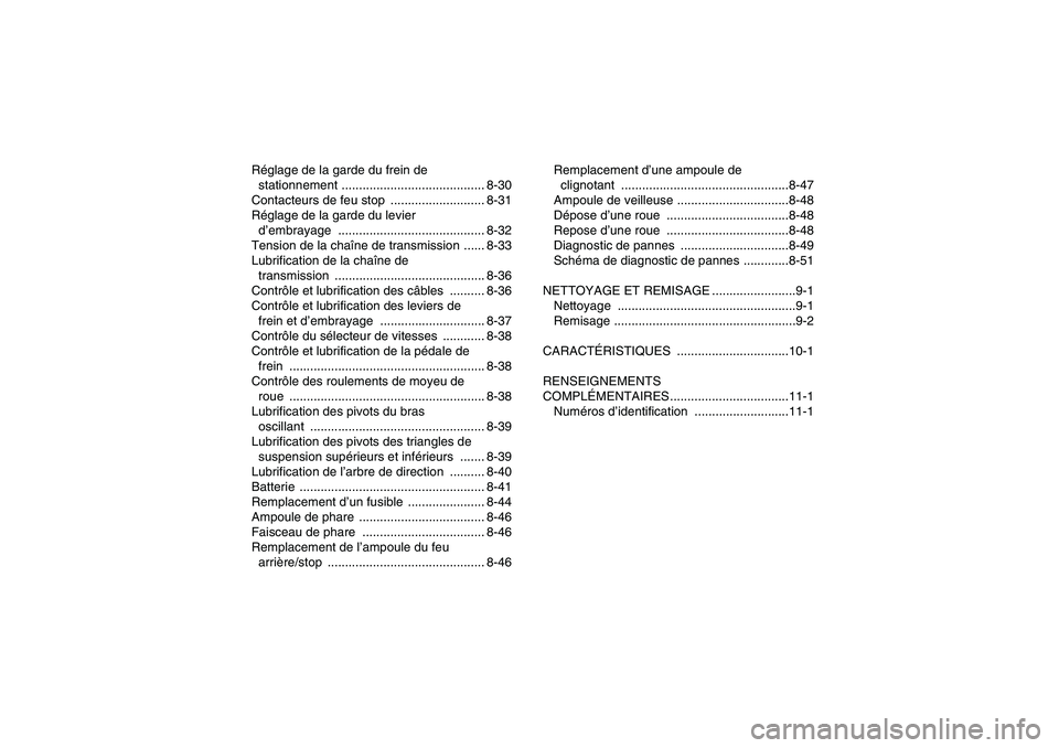 YAMAHA YFM250R-W 2012  Notices Demploi (in French) Réglage de la garde du frein de 
stationnement ......................................... 8-30
Contacteurs de feu stop  ........................... 8-31
Réglage de la garde du levier 
d’embrayage .