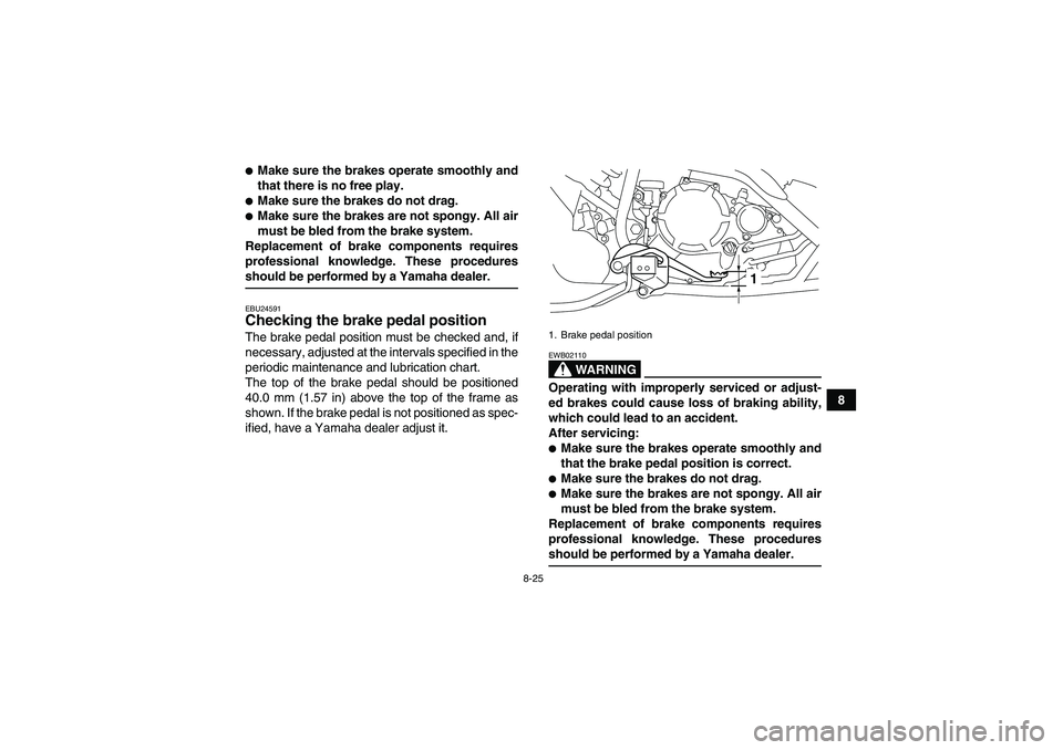 YAMAHA YFM250R-W 2009  Owners Manual 8-25
8
Make sure the brakes operate smoothly and
that there is no free play.Make sure the brakes do not drag.Make sure the brakes are not spongy. All air
must be bled from the brake system.
Replace