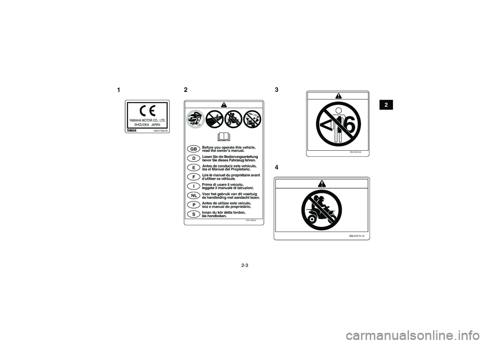 YAMAHA YFM250R-W 2009 User Guide 2-3
2
U33B70E0.book  Page 3  Wednesday, June 11, 2008  1:38 PM 