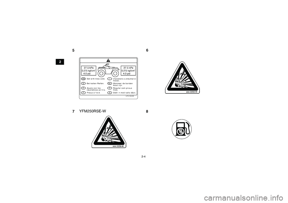YAMAHA YFM250R-W 2009 User Guide 2-4
2
U33B70E0.book  Page 4  Wednesday, June 11, 2008  1:38 PM 