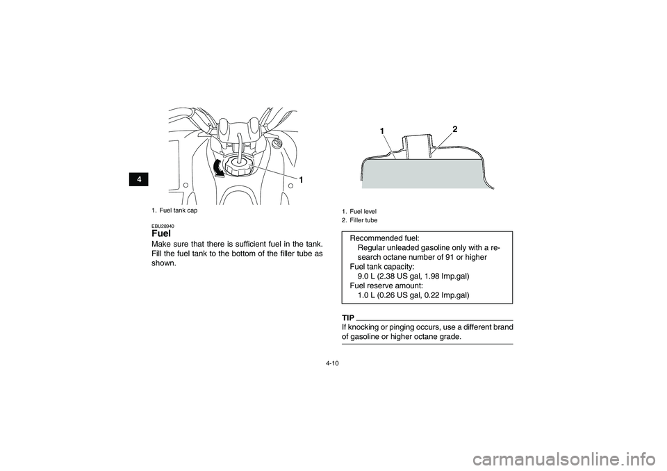 YAMAHA YFM250R-W 2009 Owners Manual 4-10
4
EBU28940Fuel Make sure that there is sufficient fuel in the tank.
Fill the fuel tank to the bottom of the filler tube as
shown.
TIPIf knocking or pinging occurs, use a different brandof gasolin