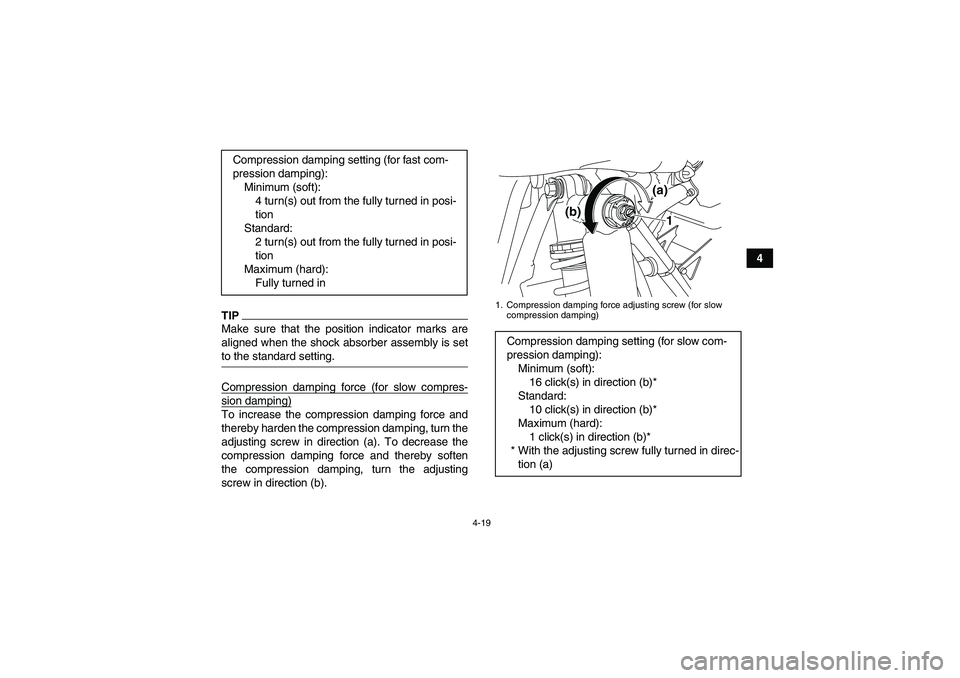 YAMAHA YFM250R-W 2009 Owners Guide 4-19
4
TIPMake sure that the position indicator marks are
aligned when the shock absorber assembly is setto the standard setting.
Compression damping force (for slow compres-sion damping)To increase t