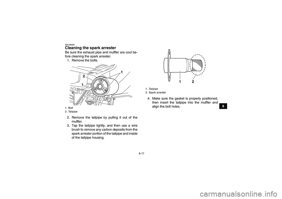 YAMAHA YFM250R-W 2009  Owners Manual 8-17
8
EBU28900Cleaning the spark arrester Be sure the exhaust pipe and muffler are cool be-
fore cleaning the spark arrester.
1. Remove the bolts.
2. Remove the tailpipe by pulling it out of the
muff