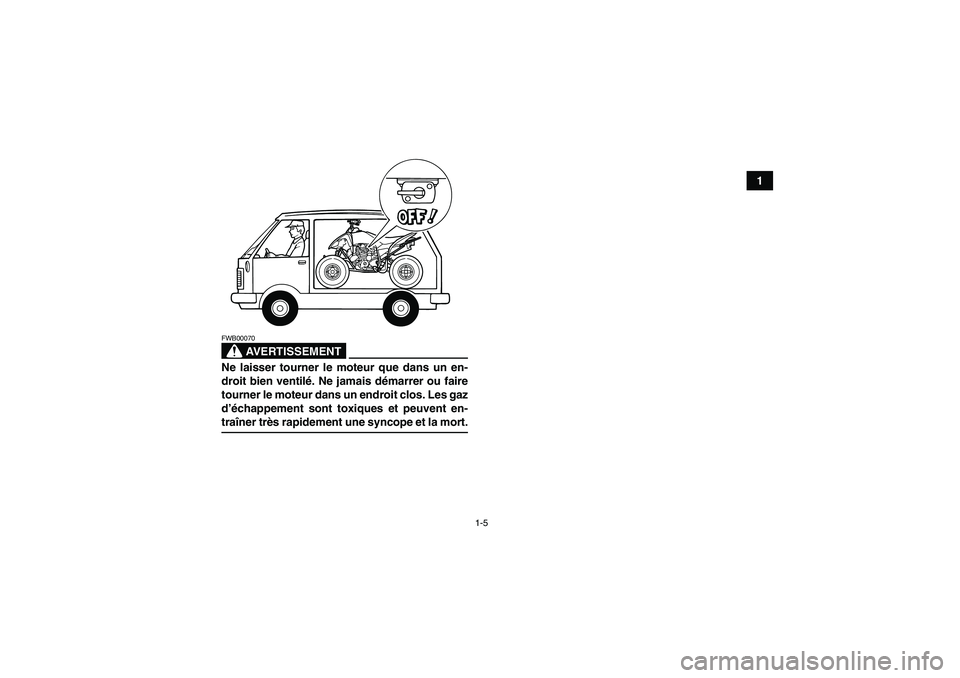 YAMAHA YFM250R-W 2011  Notices Demploi (in French) 1-5
1
AVERTISSEMENT
FWB00070Ne laisser tourner le moteur que dans un en-
droit bien ventilé. Ne jamais démarrer ou faire
tourner le moteur dans un endroit clos. Les gaz
d’échappement sont toxique