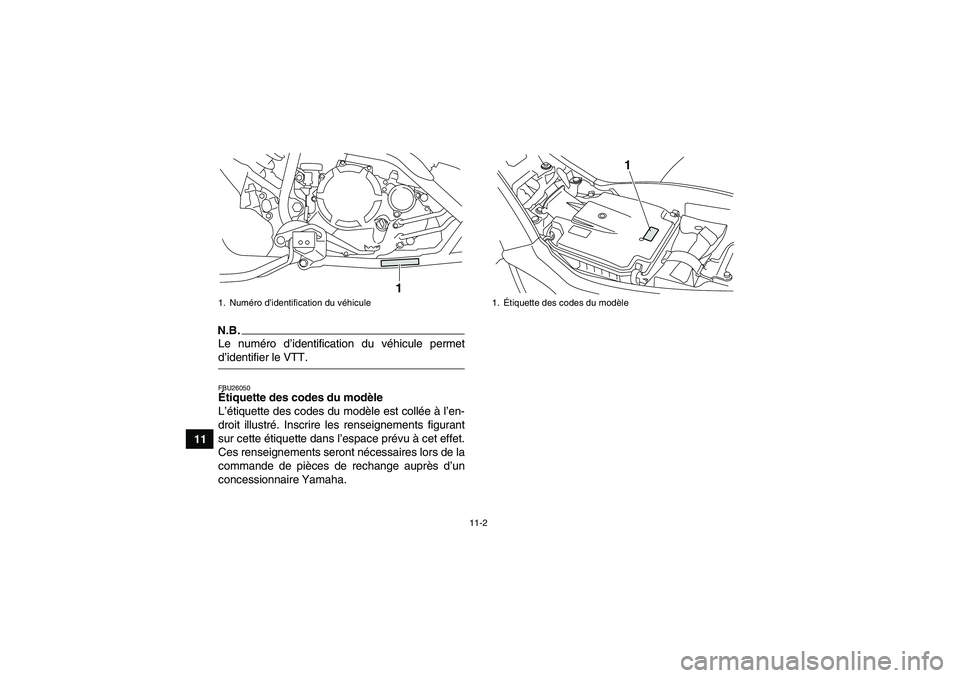 YAMAHA YFM250R-W 2009  Notices Demploi (in French) 11-2
11
N.B.Le numéro d’identification du véhicule permetd’identifier le VTT.FBU26050Étiquette des codes du modèle 
L’étiquette des codes du modèle est collée à l’en-
droit illustré. 