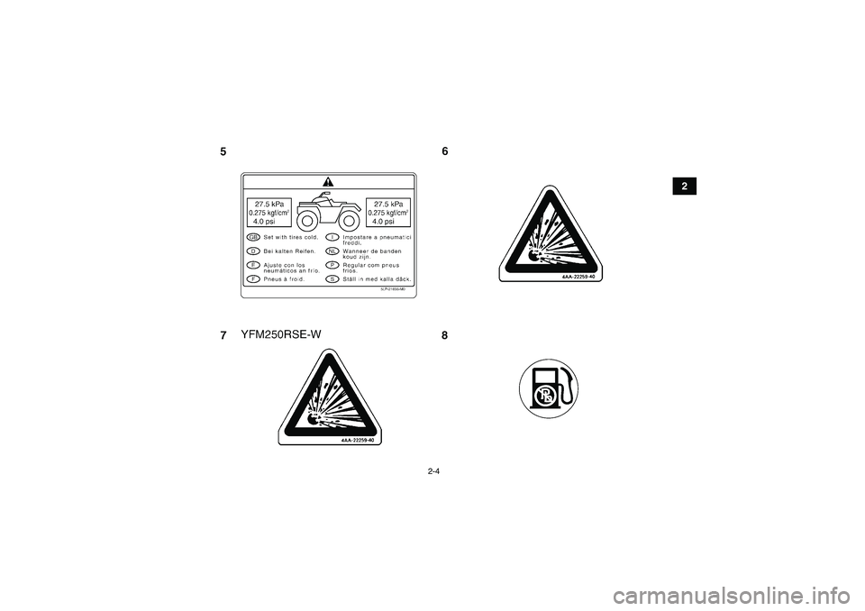 YAMAHA YFM250R-W 2011  Notices Demploi (in French) 2-4
2
U33B70F0.book  Page 4  Tuesday, June 17, 2008  11:17 AM 