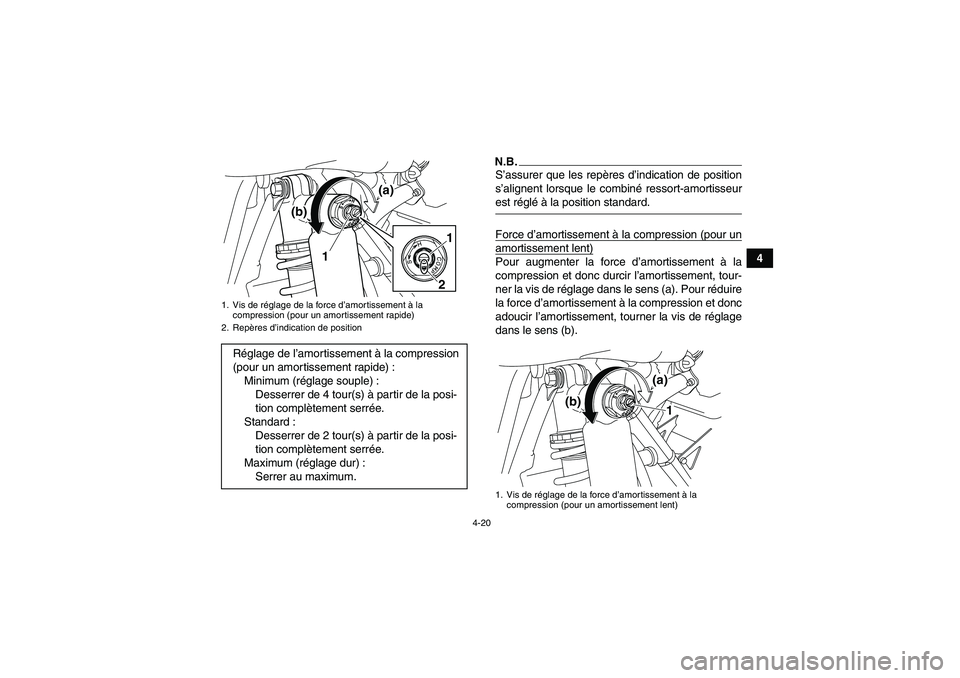 YAMAHA YFM250R-W 2010  Notices Demploi (in French) 4-20
4
N.B.S’assurer que les repères d’indication de position
s’alignent lorsque le combiné ressort-amortisseurest réglé à la position standard.
Force d’amortissement à la compression (p