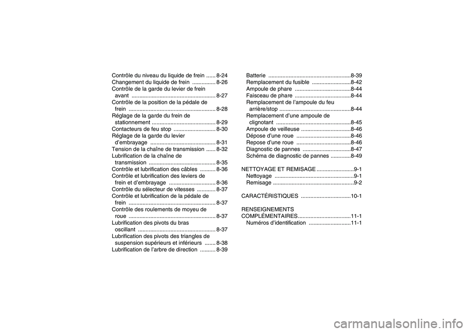 YAMAHA YFM250R-W 2009  Notices Demploi (in French) Contrôle du niveau du liquide de frein ...... 8-24
Changement du liquide de frein  ............... 8-26
Contrôle de la garde du levier de frein 
avant ...............................................