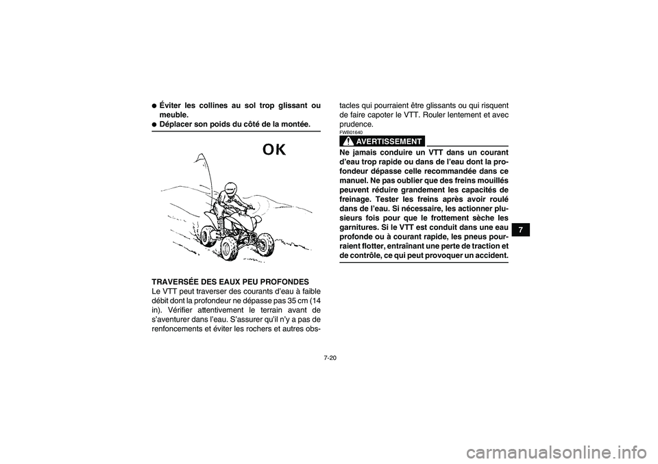 YAMAHA YFM250R-W 2010  Notices Demploi (in French) 7-20
7
Éviter les collines au sol trop glissant ou
meuble.Déplacer son poids du côté de la montée.
TRAVERSÉE DES EAUX PEU PROFONDES
Le VTT peut traverser des courants d’eau à faible
débit 