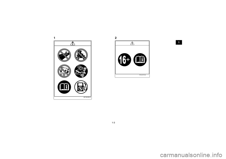 YAMAHA YFM350R 2013  Manuale de Empleo (in Spanish) 1-3
1
43P-2816R-01
1PD-2811R-00
12
U1BS63S0.book  Page 3  Tuesday, March 13, 2012  2:18 PM 