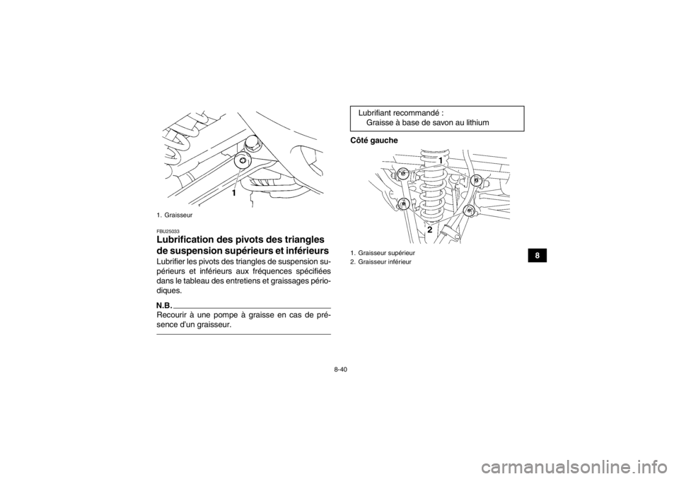 YAMAHA YFM350R 2013 Notices Demploi (in French) 8-40
8
FBU25033Lubrification des pivots des triangles
de suspension supérieurs et inférieurs Lubrifier les pivots des triangles de suspension su-
périeurs et inférieurs aux fréquences spécifié YAMAHA YFM350R 2013 Notices Demploi (in French) 8-40
8
FBU25033Lubrification des pivots des triangles
de suspension supérieurs et inférieurs Lubrifier les pivots des triangles de suspension su-
périeurs et inférieurs aux fréquences spécifié