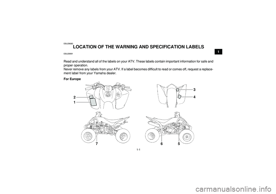 YAMAHA YFM350R 2012 User Guide 1-1
1
EBU29680
LOCATION OF THE WARNING AND SPECIFICATION LABELS
EBU29991Read and understand all of the labels on your ATV. These labels contain important information for safe and
proper operation.
Ne YAMAHA YFM350R 2012 User Guide 1-1
1
EBU29680
LOCATION OF THE WARNING AND SPECIFICATION LABELS
EBU29991Read and understand all of the labels on your ATV. These labels contain important information for safe and
proper operation.
Ne