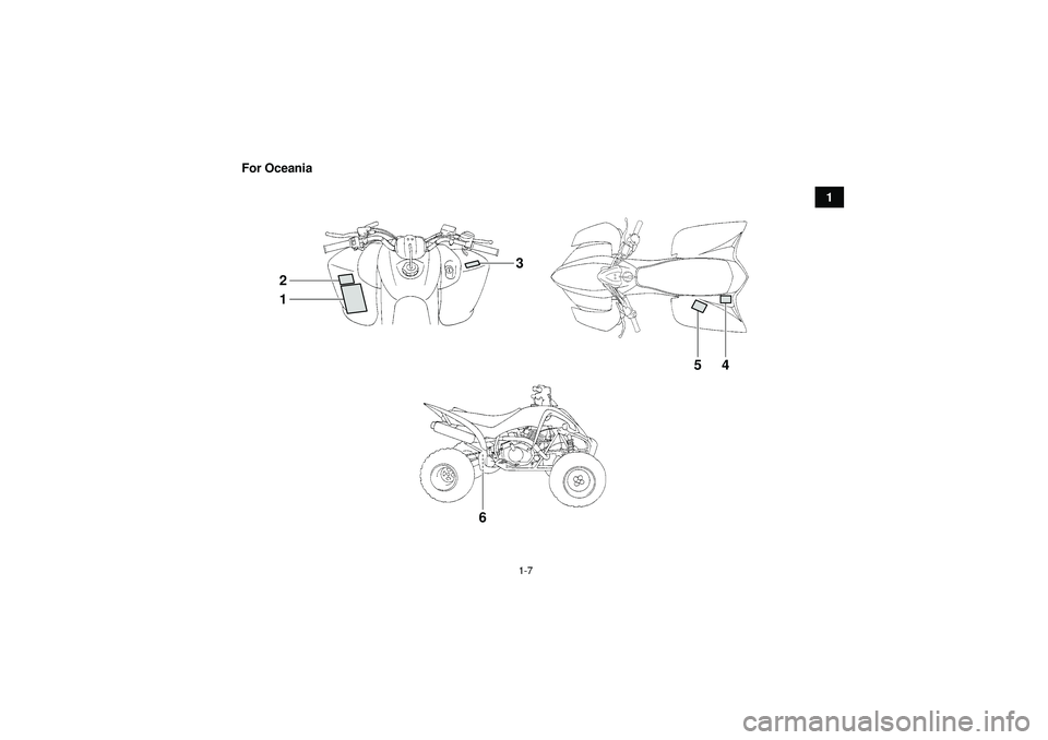 YAMAHA YFM350R 2012 User Guide 1-7
1
For Oceania
1
3
2
45
6
U1BS62E0.book Page 7 Monday, April 18, 2011 6:43 PM YAMAHA YFM350R 2012 User Guide 1-7
1
For Oceania
1
3
2
45
6
U1BS62E0.book Page 7 Monday, April 18, 2011 6:43 PM