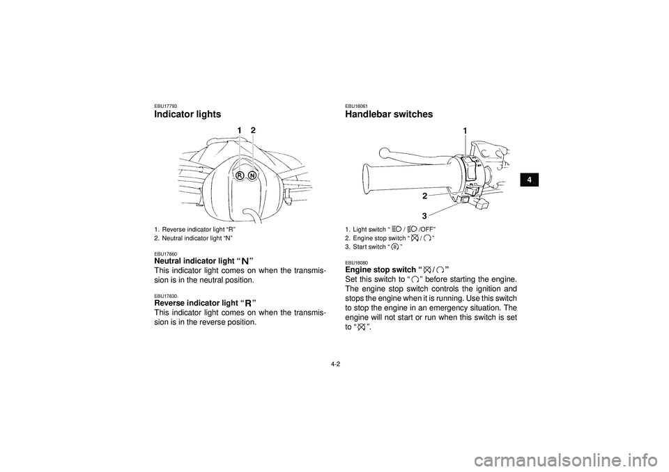 YAMAHA YFM350R 2012 Owners Manual 4-2
4
EBU17793Indicator lights EBU17860Neutral indicator light“” 
This indicator light comes on when the transmis-
sion is in the neutral position.EBU17830Reverse indicator light “” 
This indi